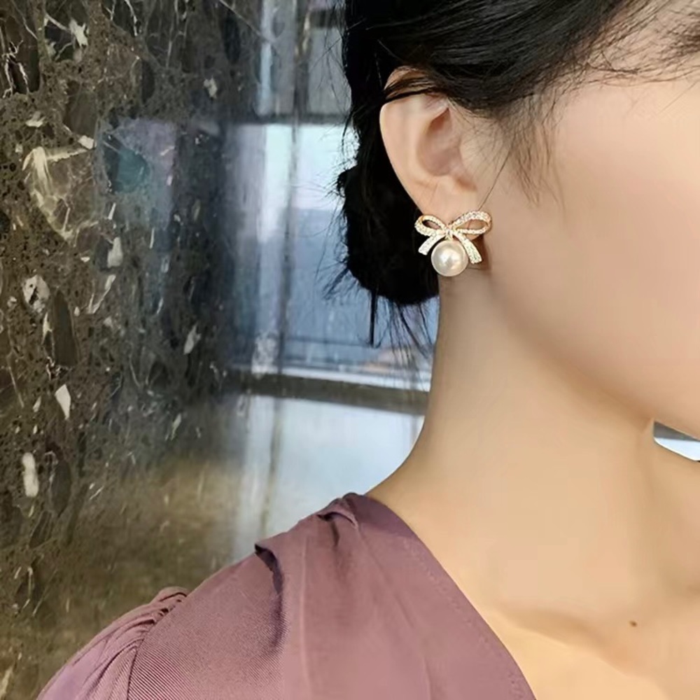 Gold Bow Earrings Classic Faux Pearl Formal Prom Cocktail Wedding Bridal Jewelry